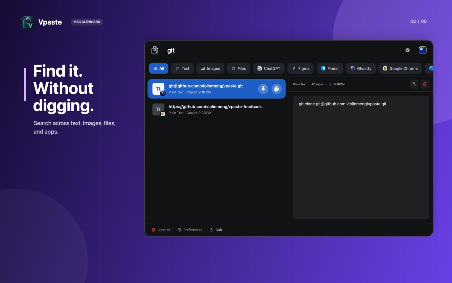 Searching clipboard history in Vpaste