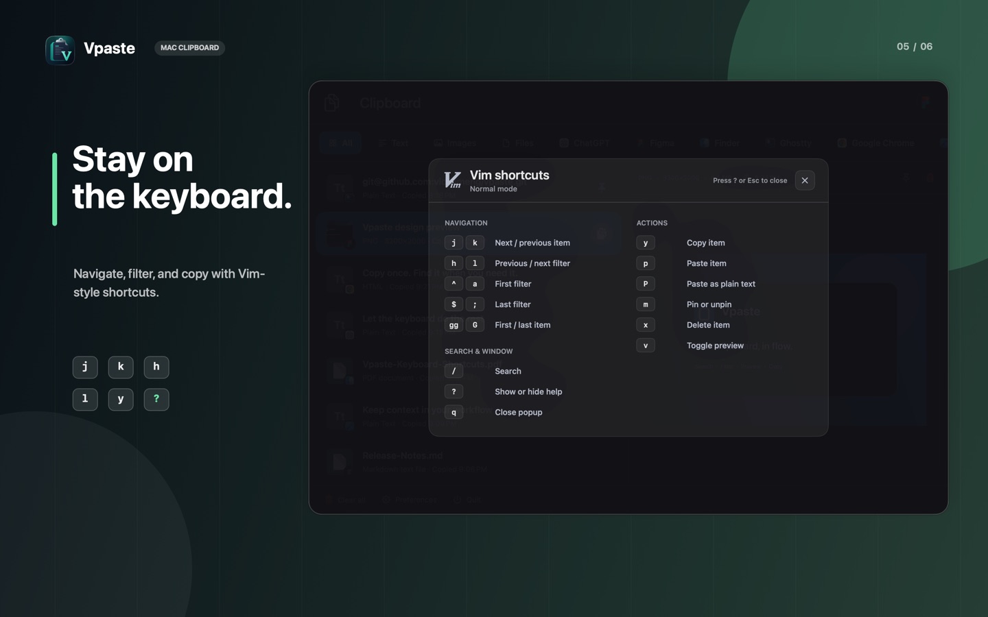 Vim-style keyboard navigation in Vpaste