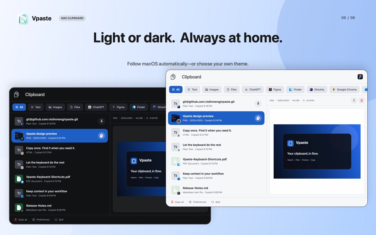 Vpaste light and dark appearances